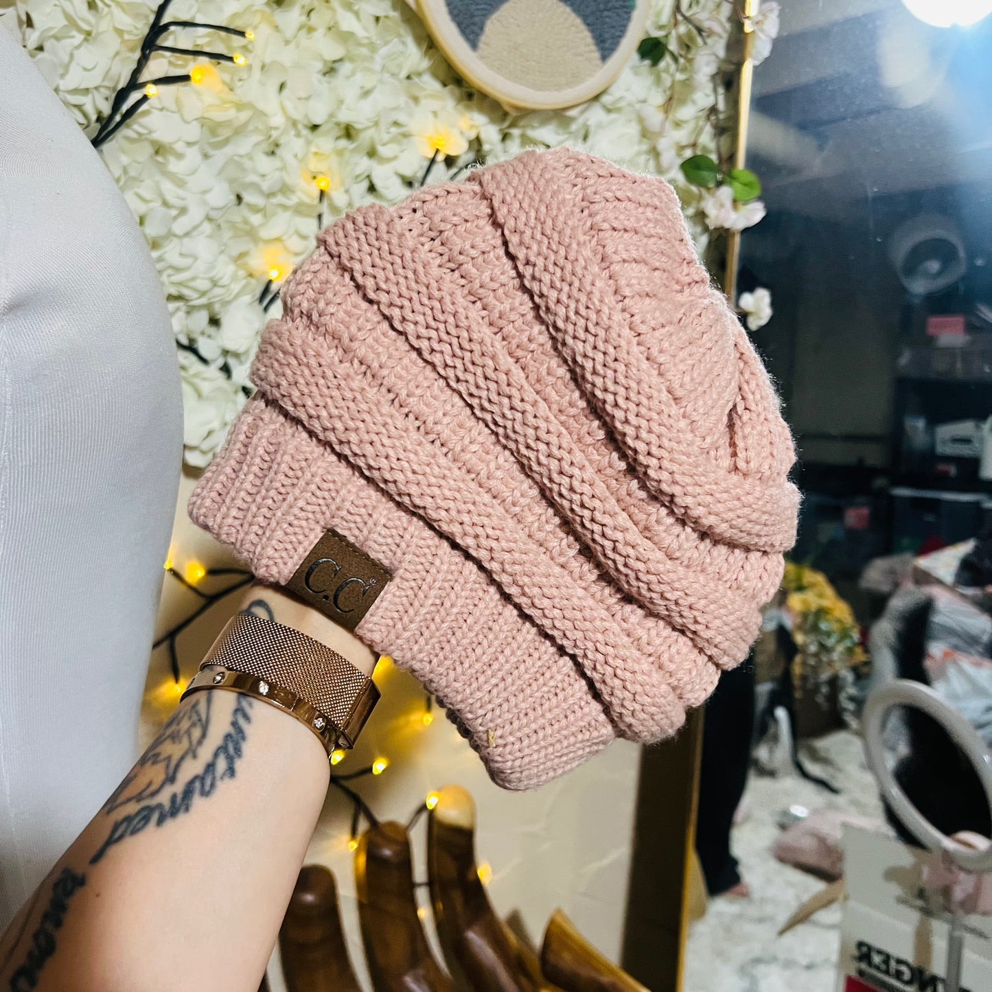 Pink Knit Slouch Beanie