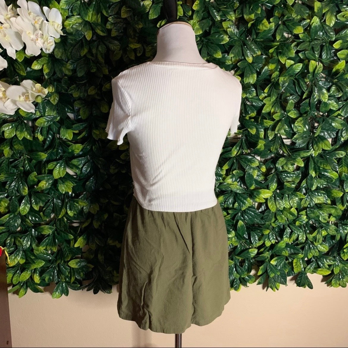 White and Olivee Green Two-Piece Set