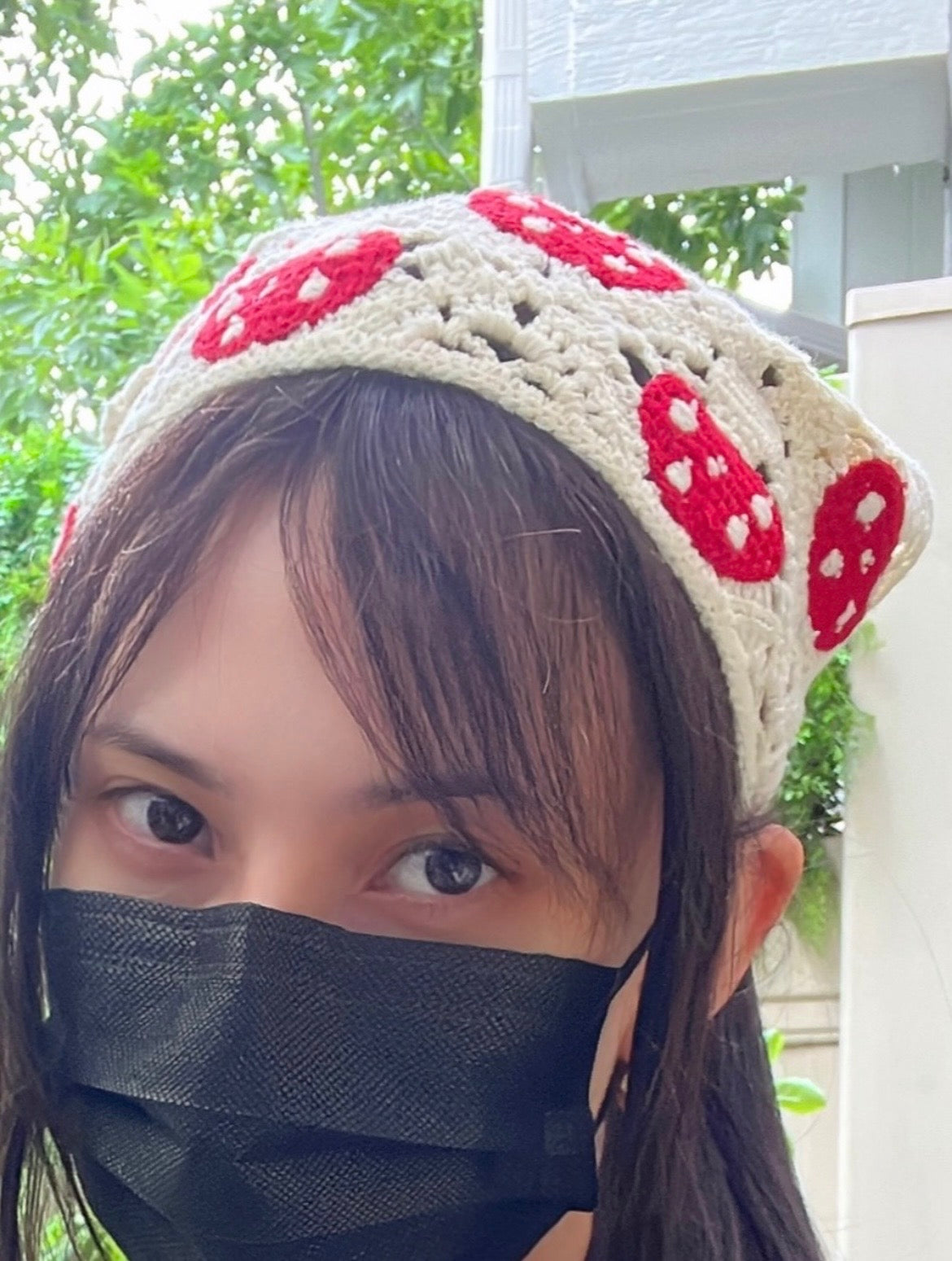 Handmade Cream Bandana with Red MushroomMotifs