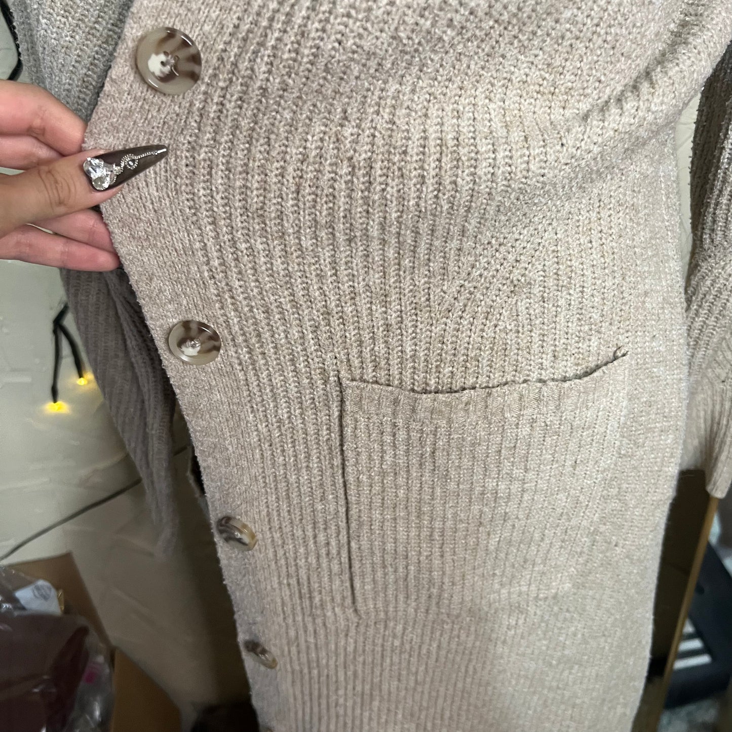 Beige Long Ribbed Button-Front Cardigan
