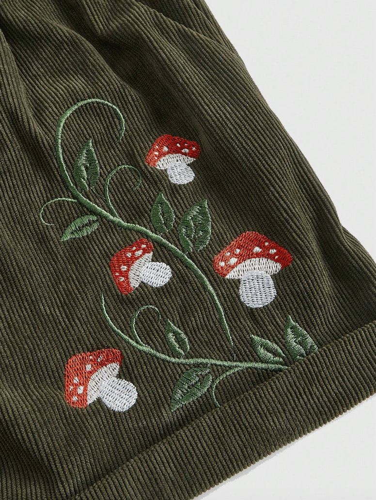 Olive Green Mushroom Embroidered Shorts