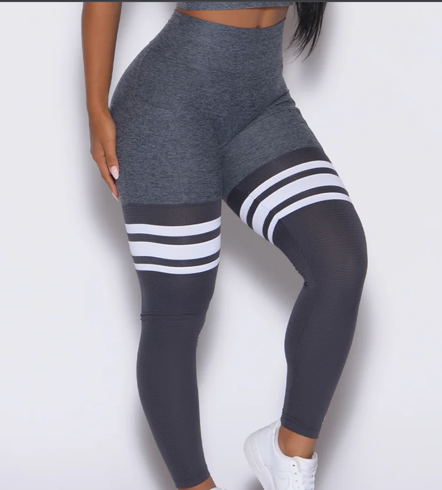 Gray and White Striped High-Waist Leggings