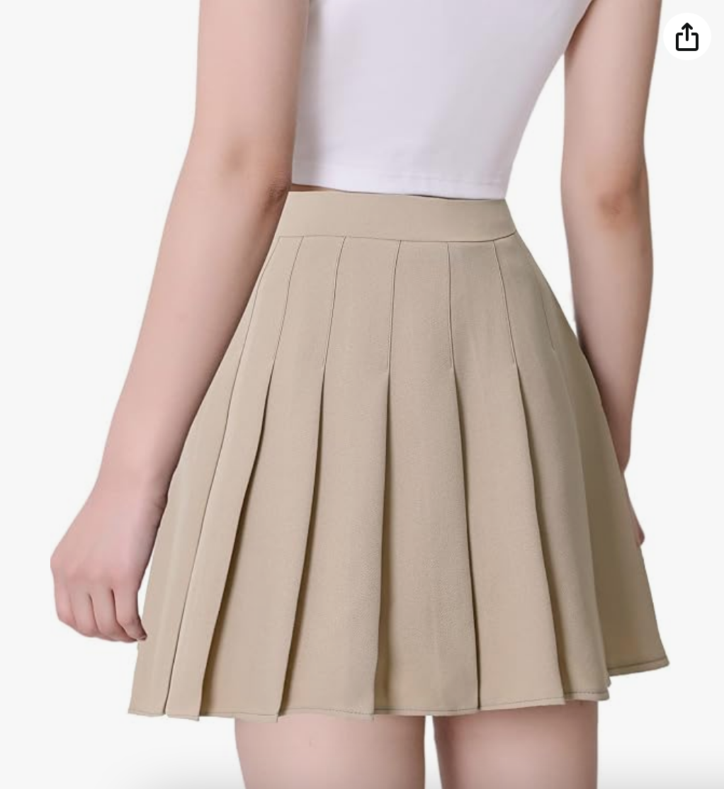 High-Waist Pleated Skater Skirt in Beige
