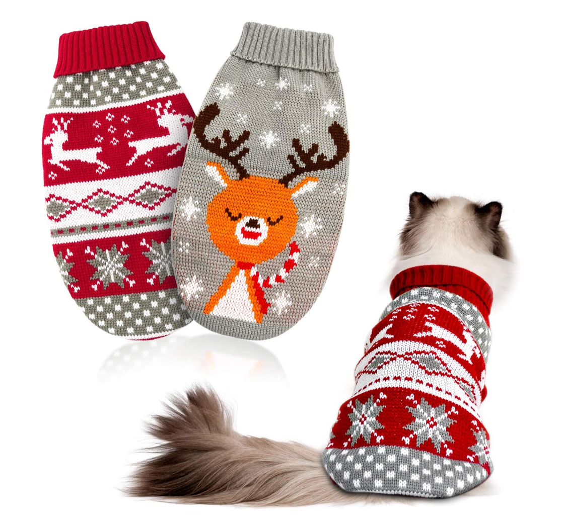 Gray Cat Holiday Sweater with Reindeer Motif