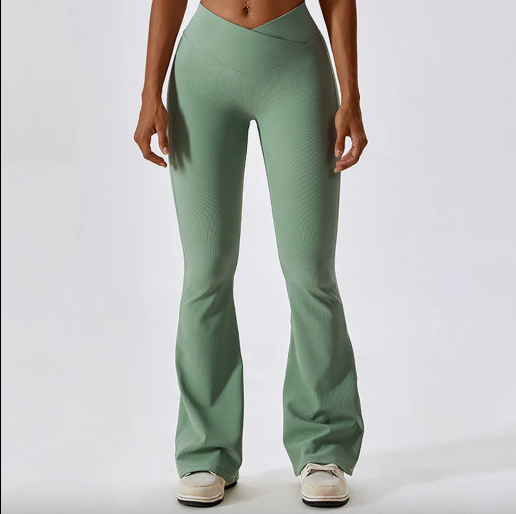 Sage Green Ribbed Flare Leggings