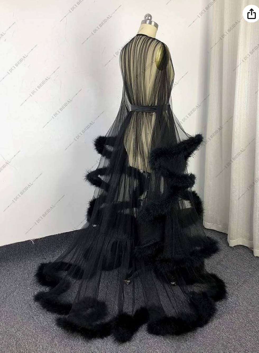 Sheer Black Feather Trim Boudoir Robe