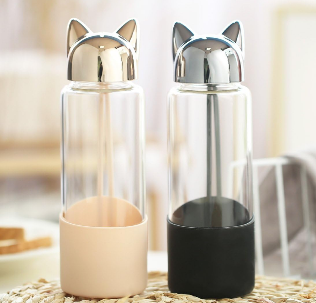 Gold Cat Glass Water Bottle