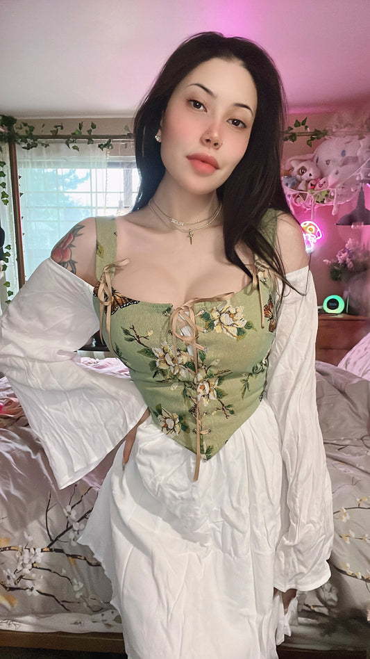 Olive Green Floral Lace-Up Corset