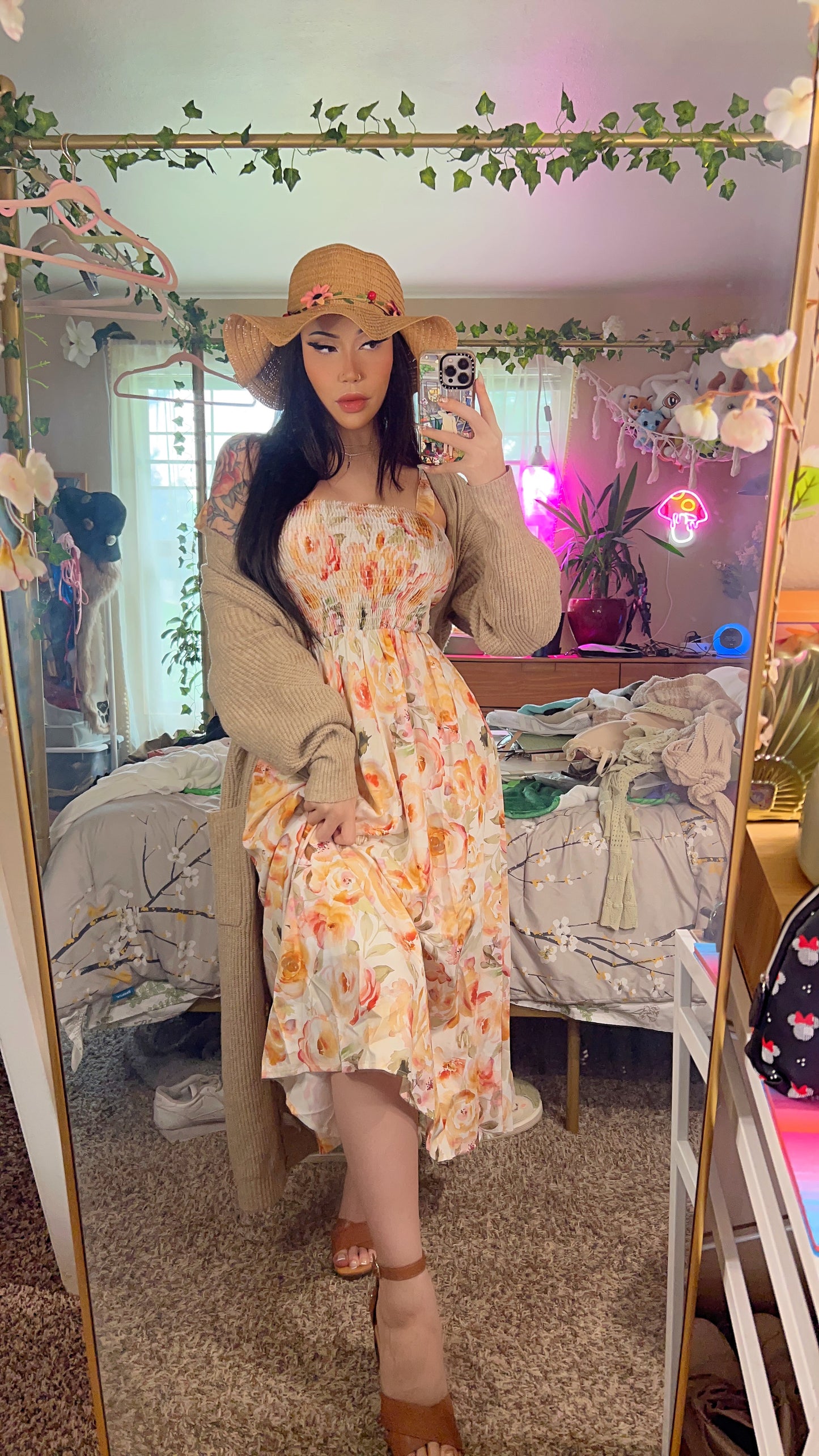 Floral Smocked Midi Dress in Peach Floral