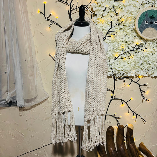 Cream Knit Fringe Scarf