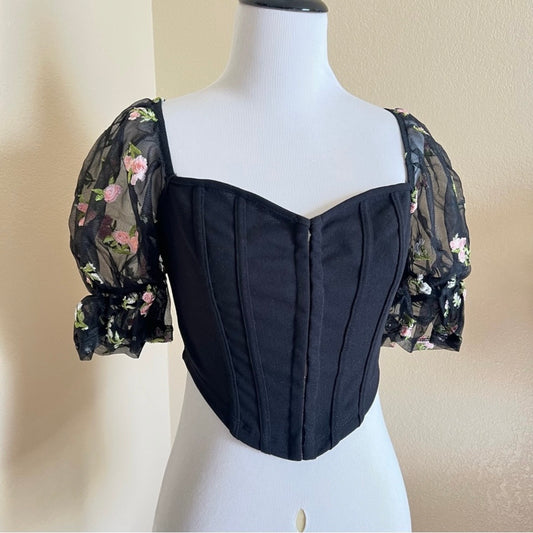 Black Floral Puff Sleeve Blouse