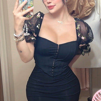 Black Floral Puff Sleeve Blouse
