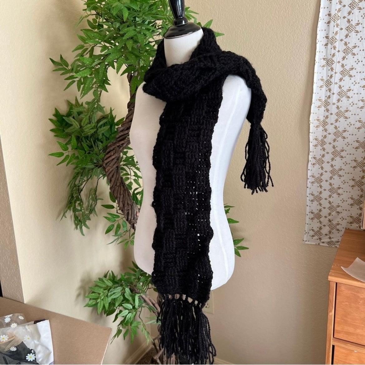 Black Handmade Knit Scarf with Fringe