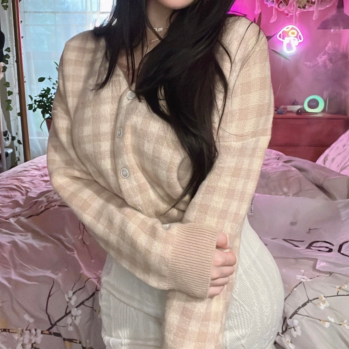 Beige Plaid Cardigan