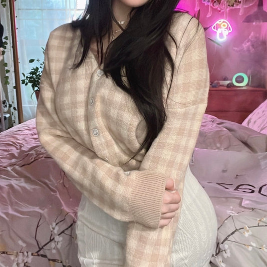 Beige Plaid Cardigan