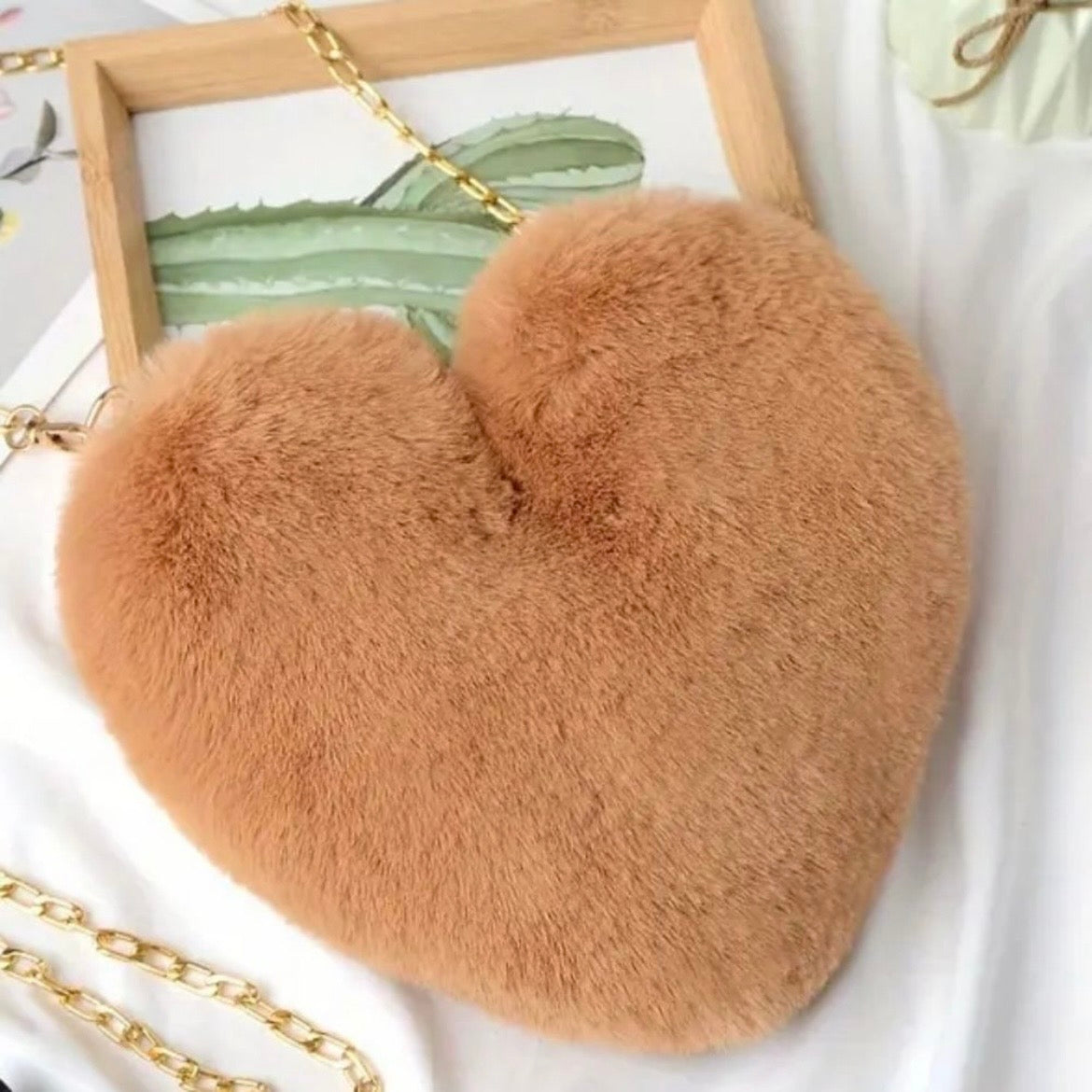 Tan Heart Faux Fur Shoulder Bag