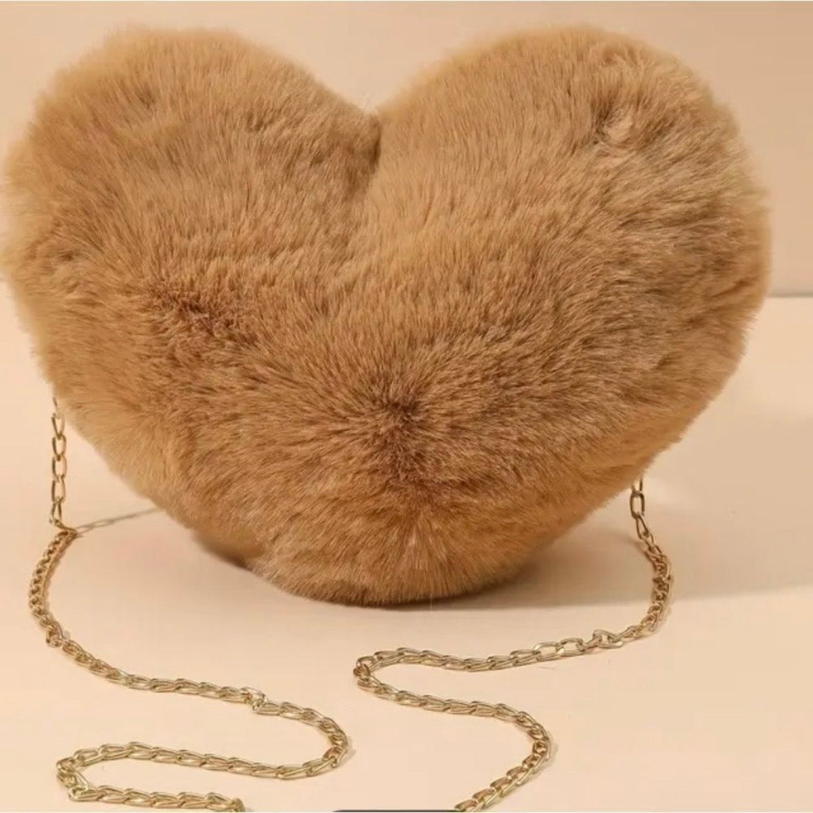 Tan Heart Faux Fur Shoulder Bag