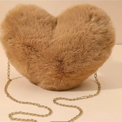 Tan Heart Faux Fur Shoulder Bag