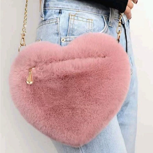 Pink Heart Faux Fur Bag