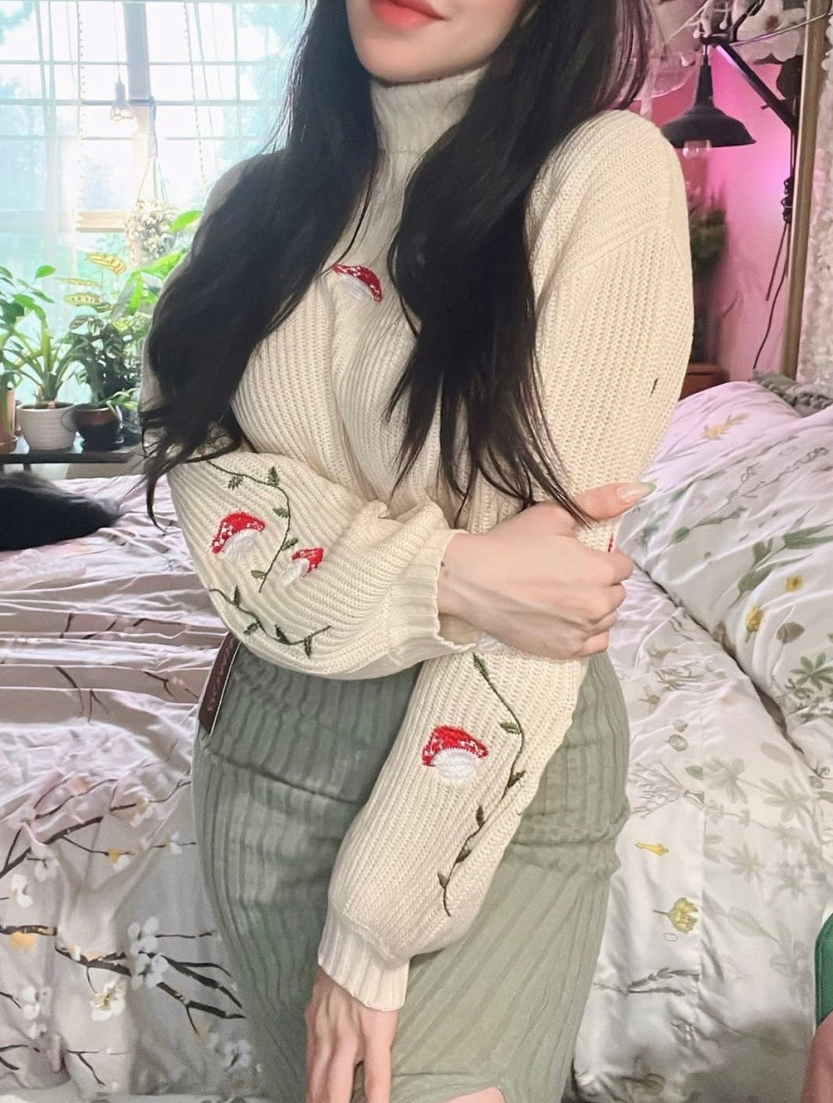 Cream Turtleneck Crop Sweater with Red Mushroom Embroidery