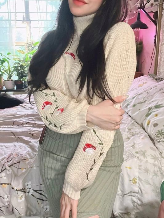 Cream Turtleneck Crop Sweater with Red Mushroom Embroidery