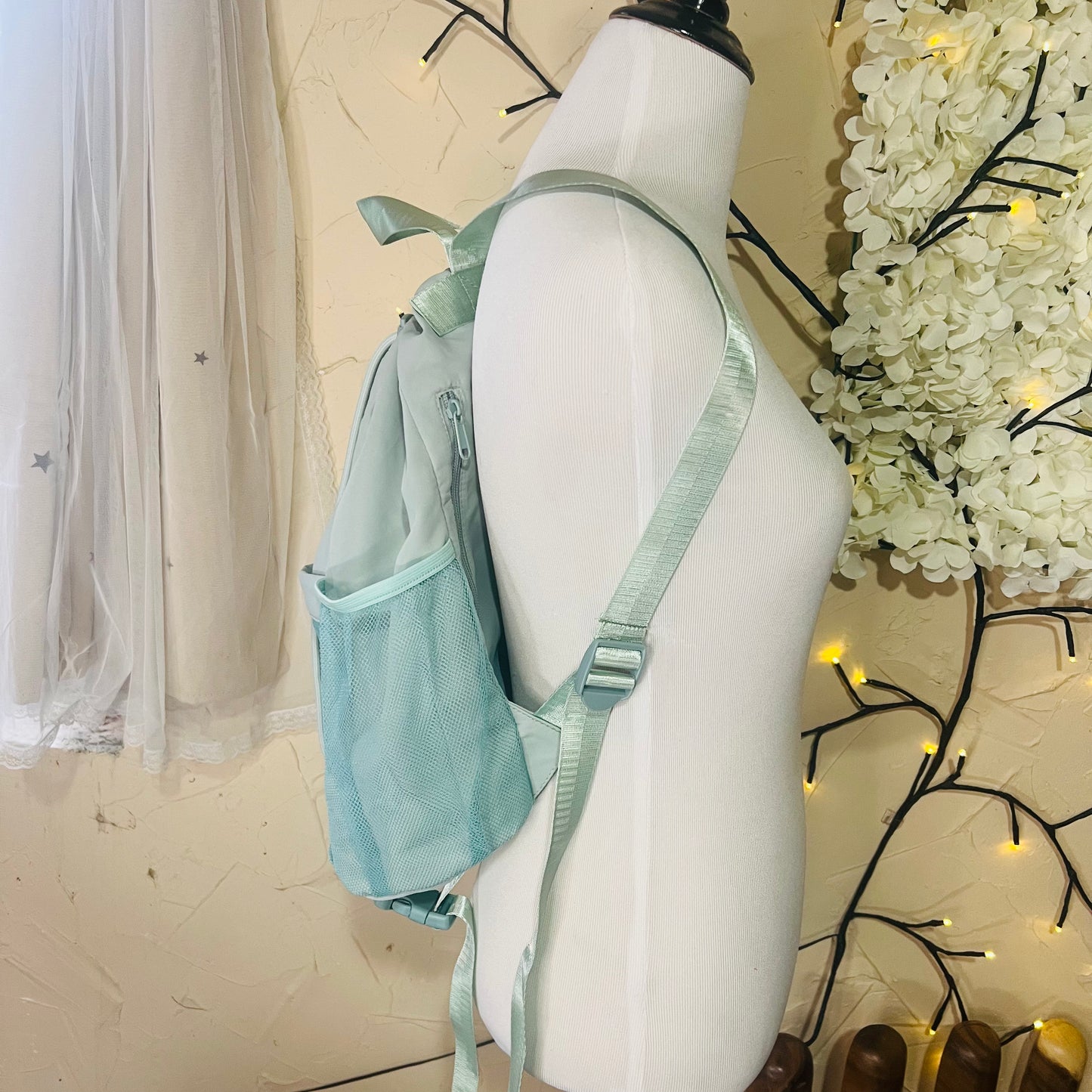 Light Mint Drawstring Backpack with Mesh Pockets
