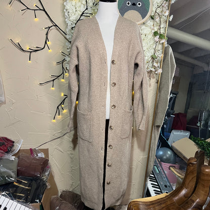 Beige Long Ribbed Button-Front Cardigan