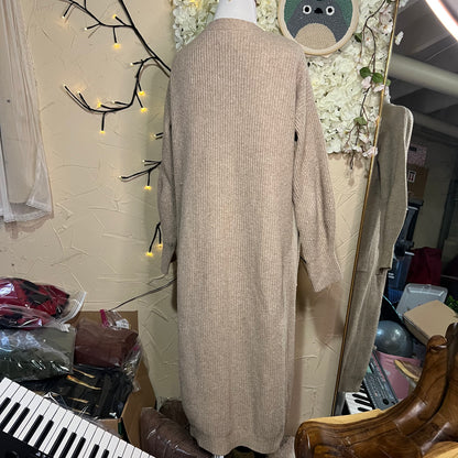 Beige Long Ribbed Button-Front Cardigan