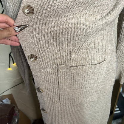 Beige Long Ribbed Button-Front Cardigan