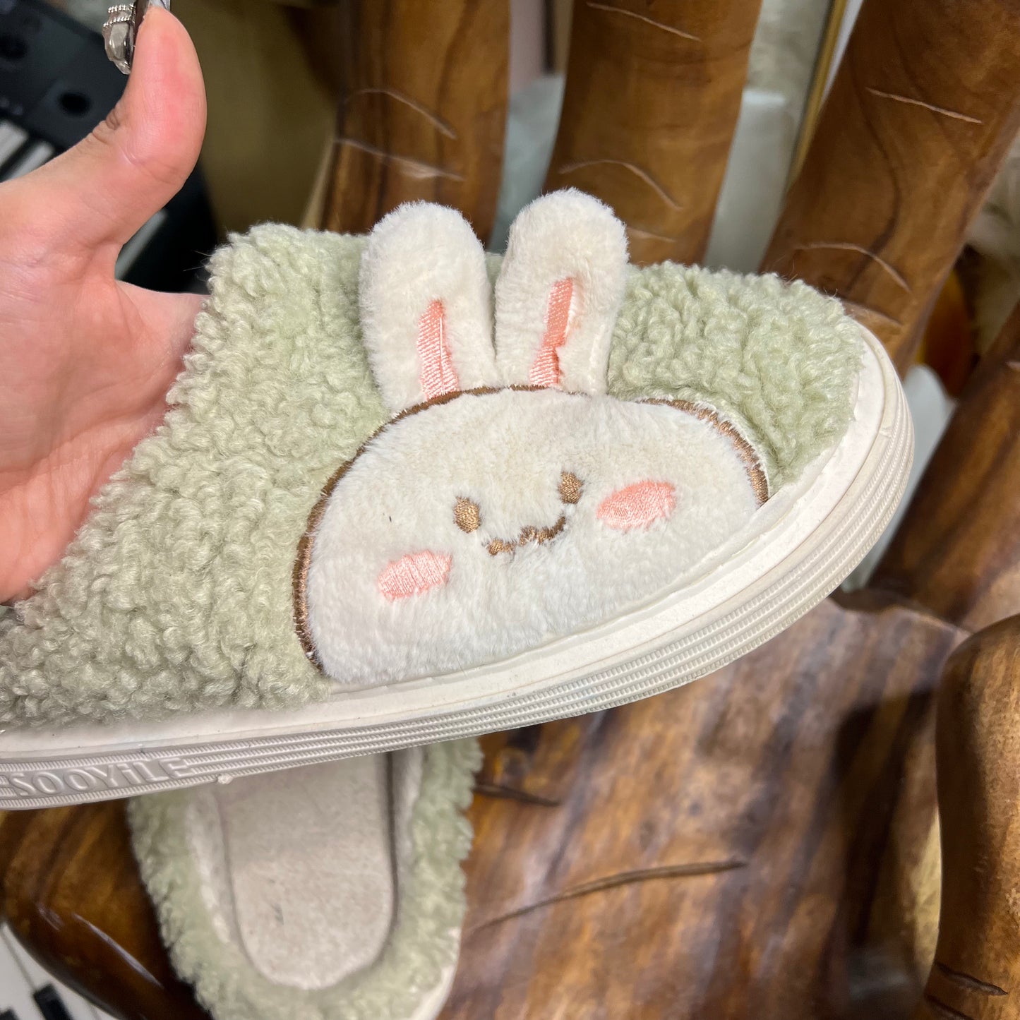 Sage Green Plush Bunny Slippers
