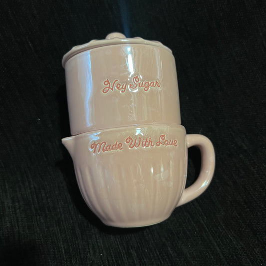 Pink Ceramic Sugar Bowl and Creamer Set