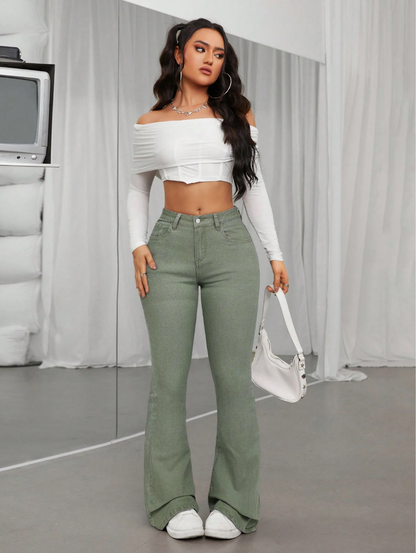 Olive Green Flared Jeans