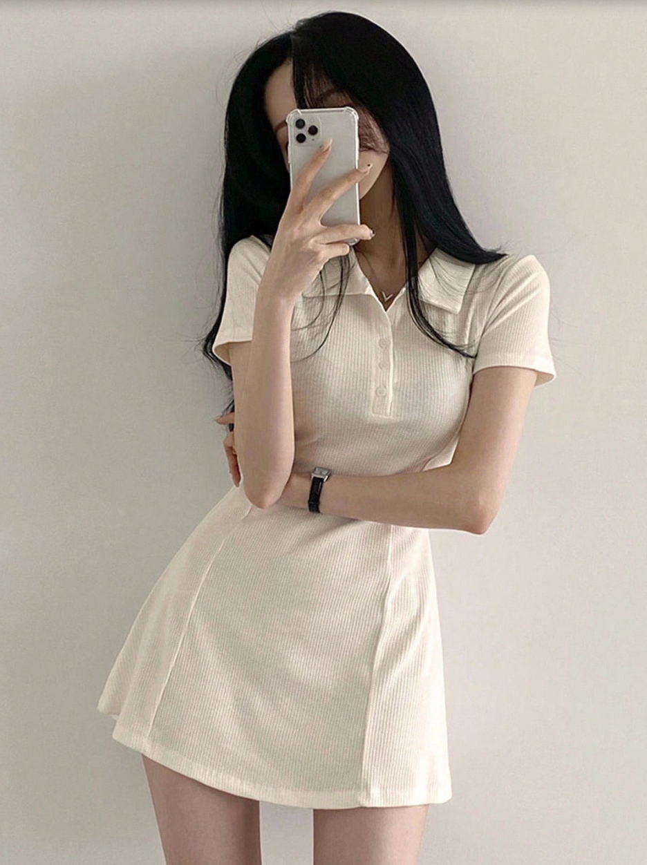 Cream Ribbed Polo Mini Dress