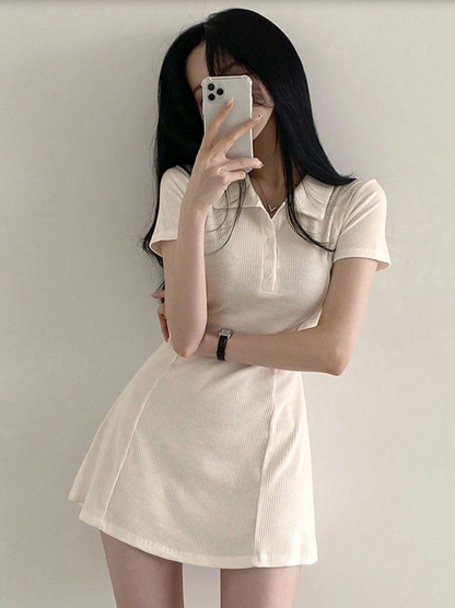 Cream Ribbed Polo Mini Dress