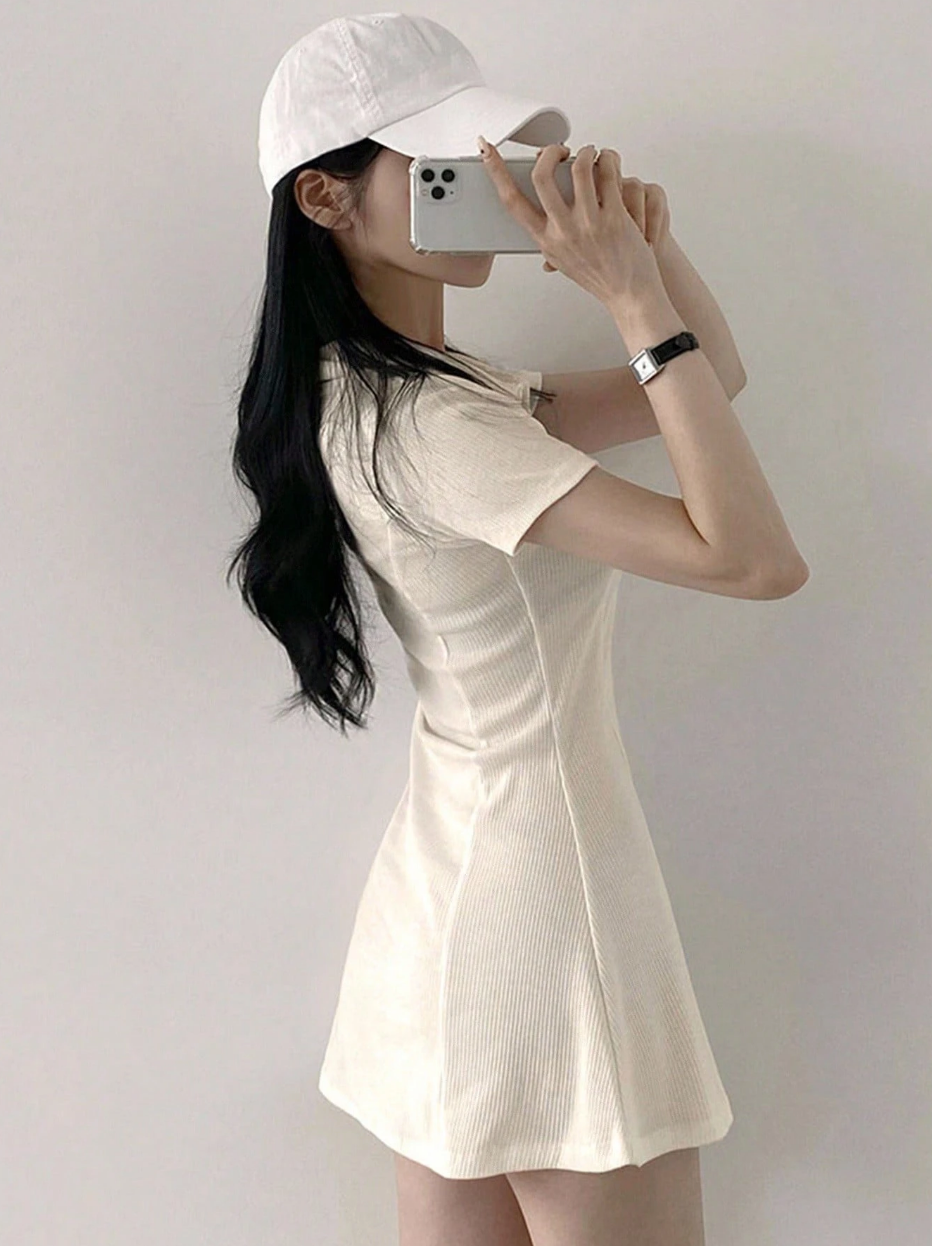 Cream Ribbed Polo Mini Dress