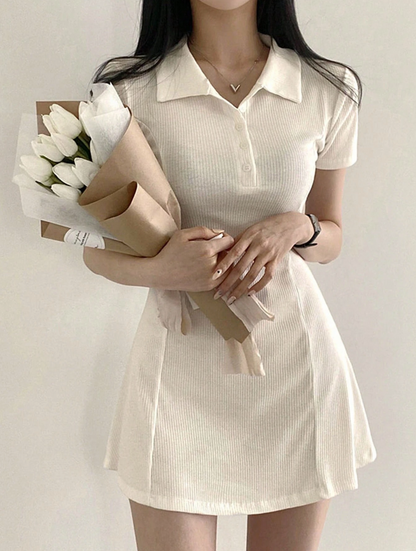 Cream Ribbed Polo Mini Dress