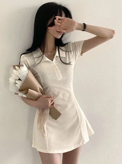 Cream Ribbed Polo Mini Dress