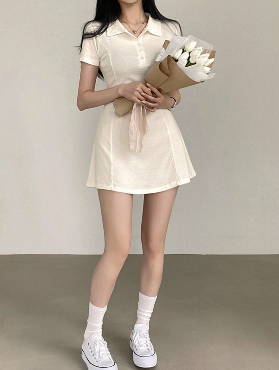 Cream Ribbed Polo Mini Dress