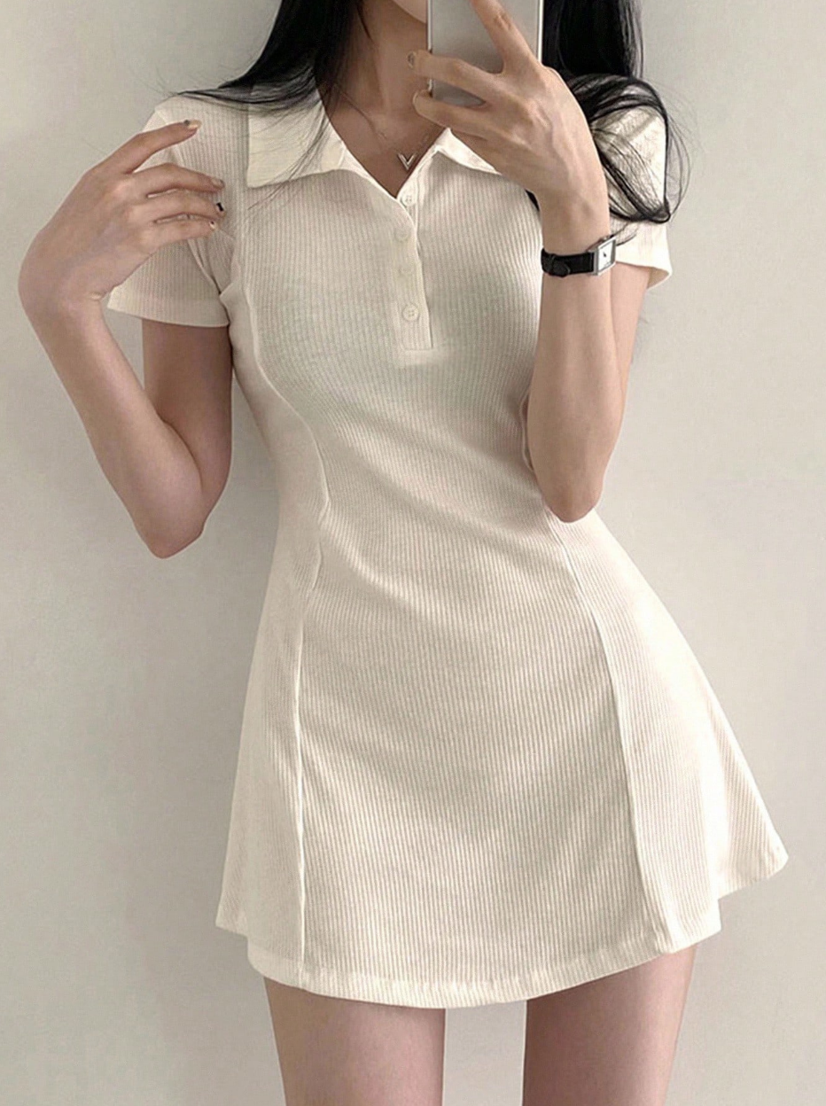 Cream Ribbed Polo Mini Dress