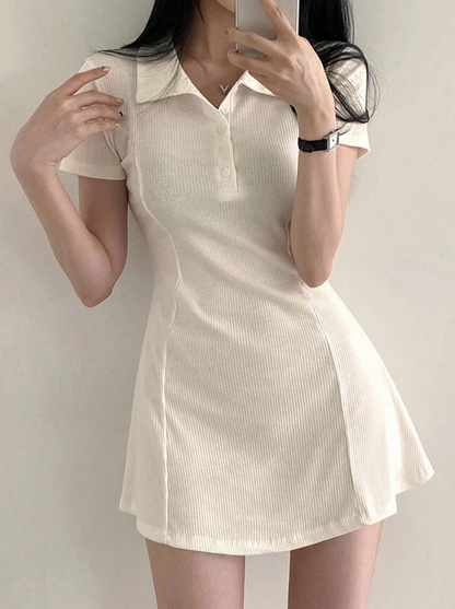 Cream Ribbed Polo Mini Dress