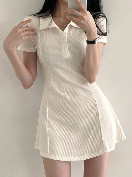 Cream Ribbed Polo Mini Dress