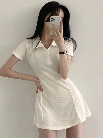 Cream Ribbed Polo Mini Dress