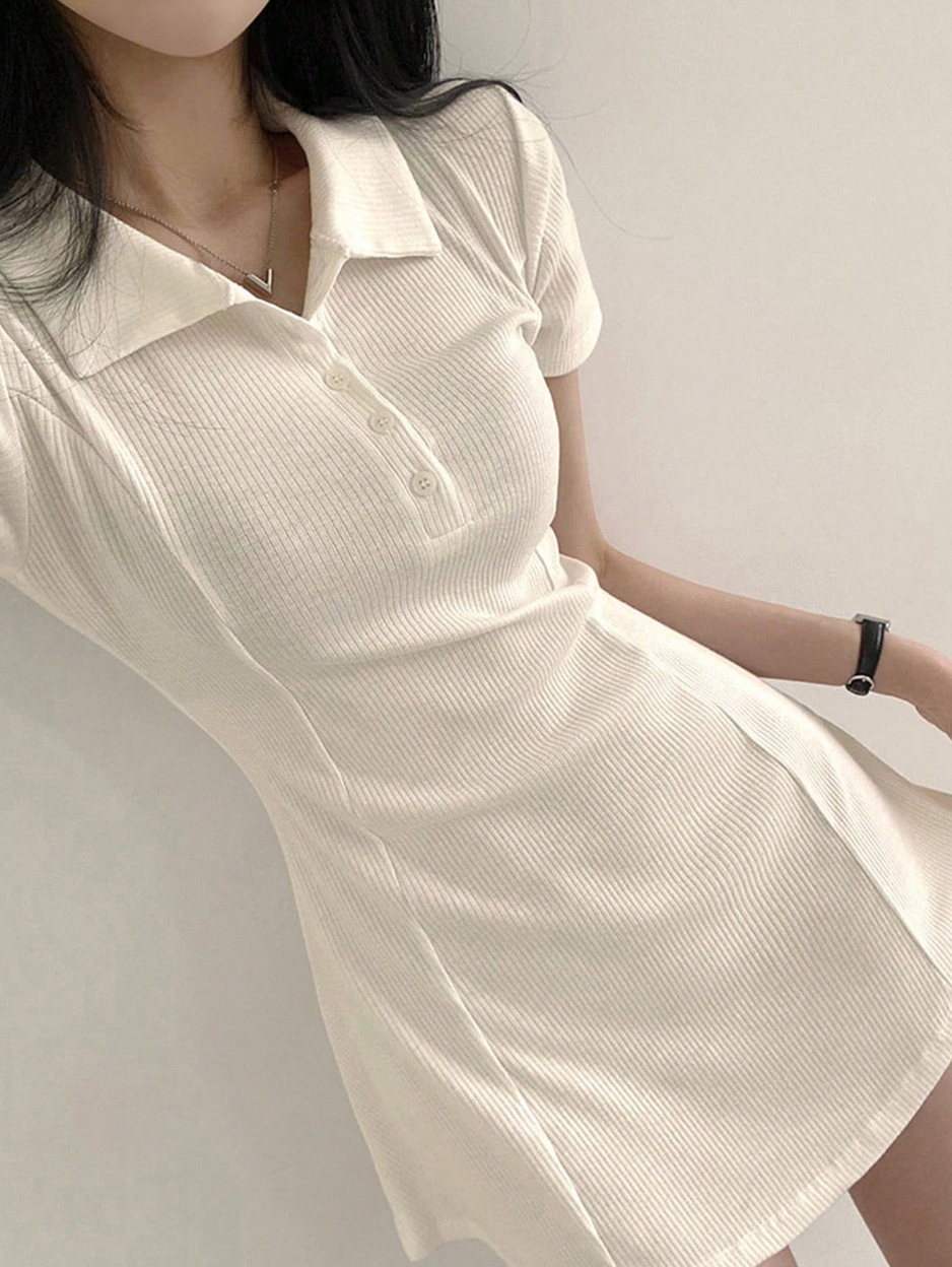 Cream Ribbed Polo Mini Dress