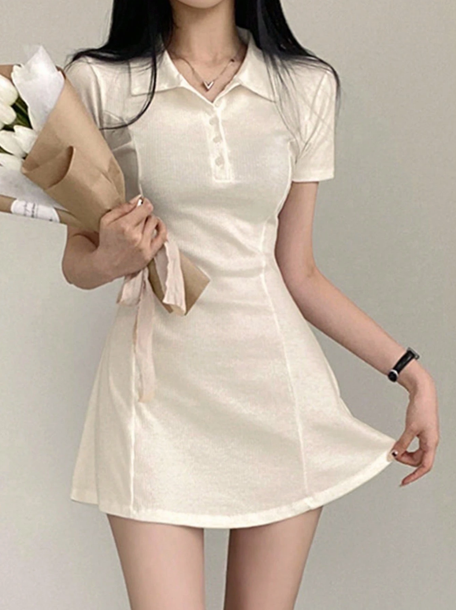 Cream Ribbed Polo Mini Dress