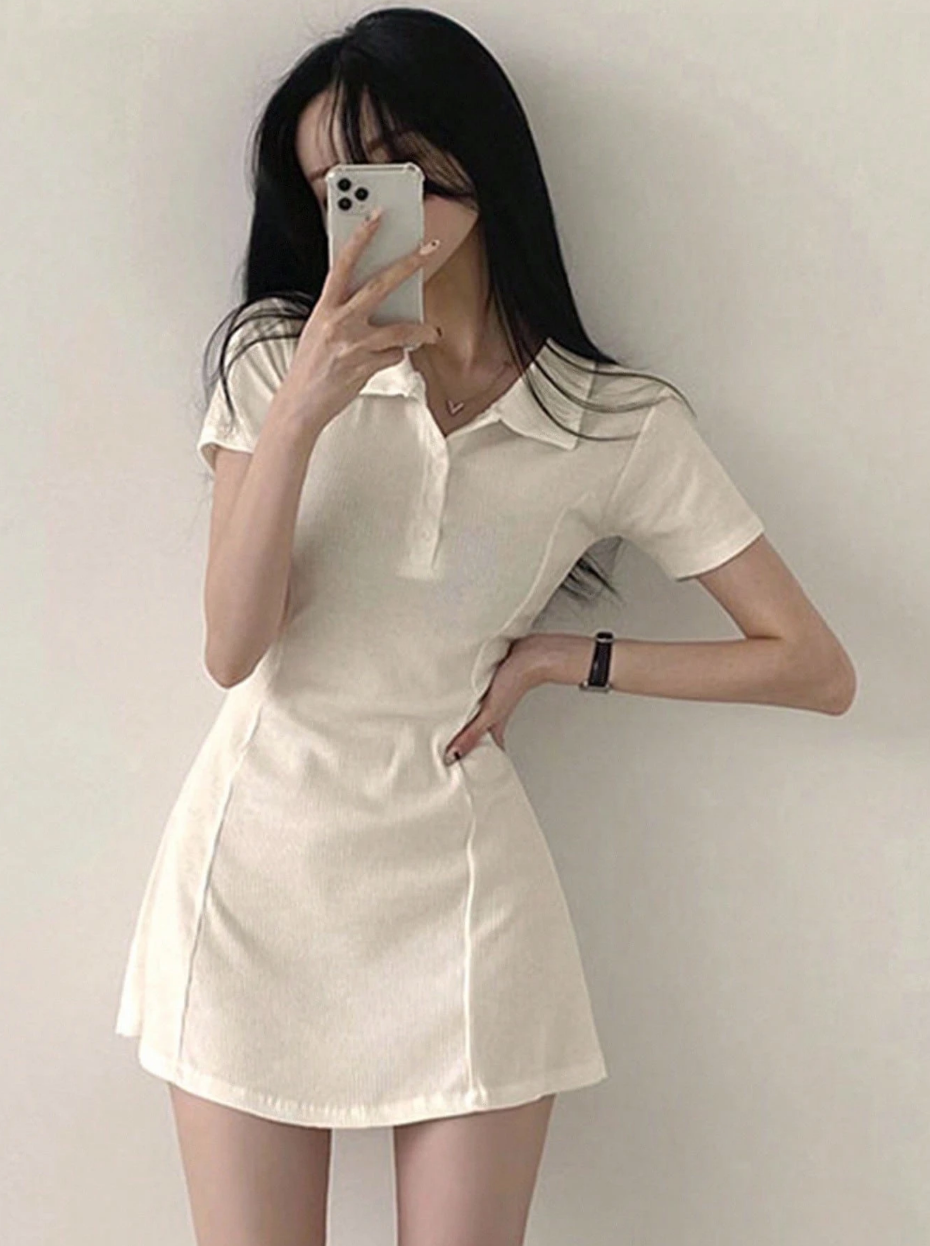 Cream Ribbed Polo Mini Dress