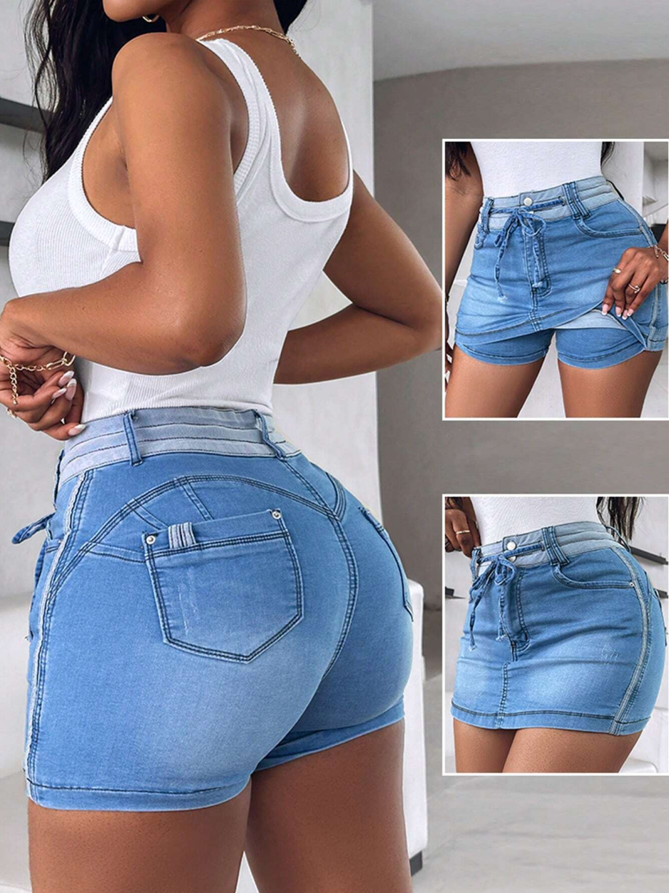 Light Blue Denim Skort with Drawstring Waist