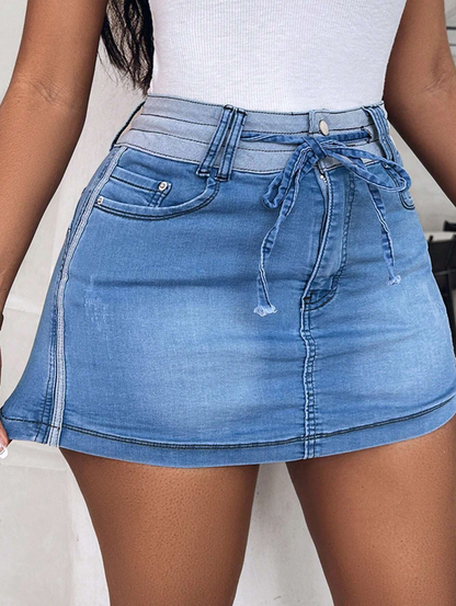 Light Blue Denim Skort with Drawstring Waist