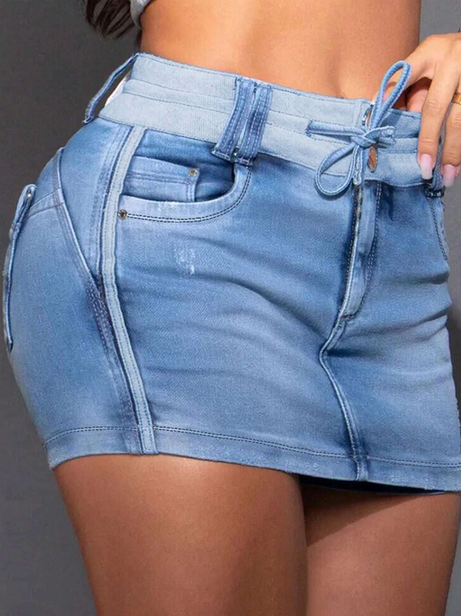 Light Blue Denim Skort with Drawstring Waist