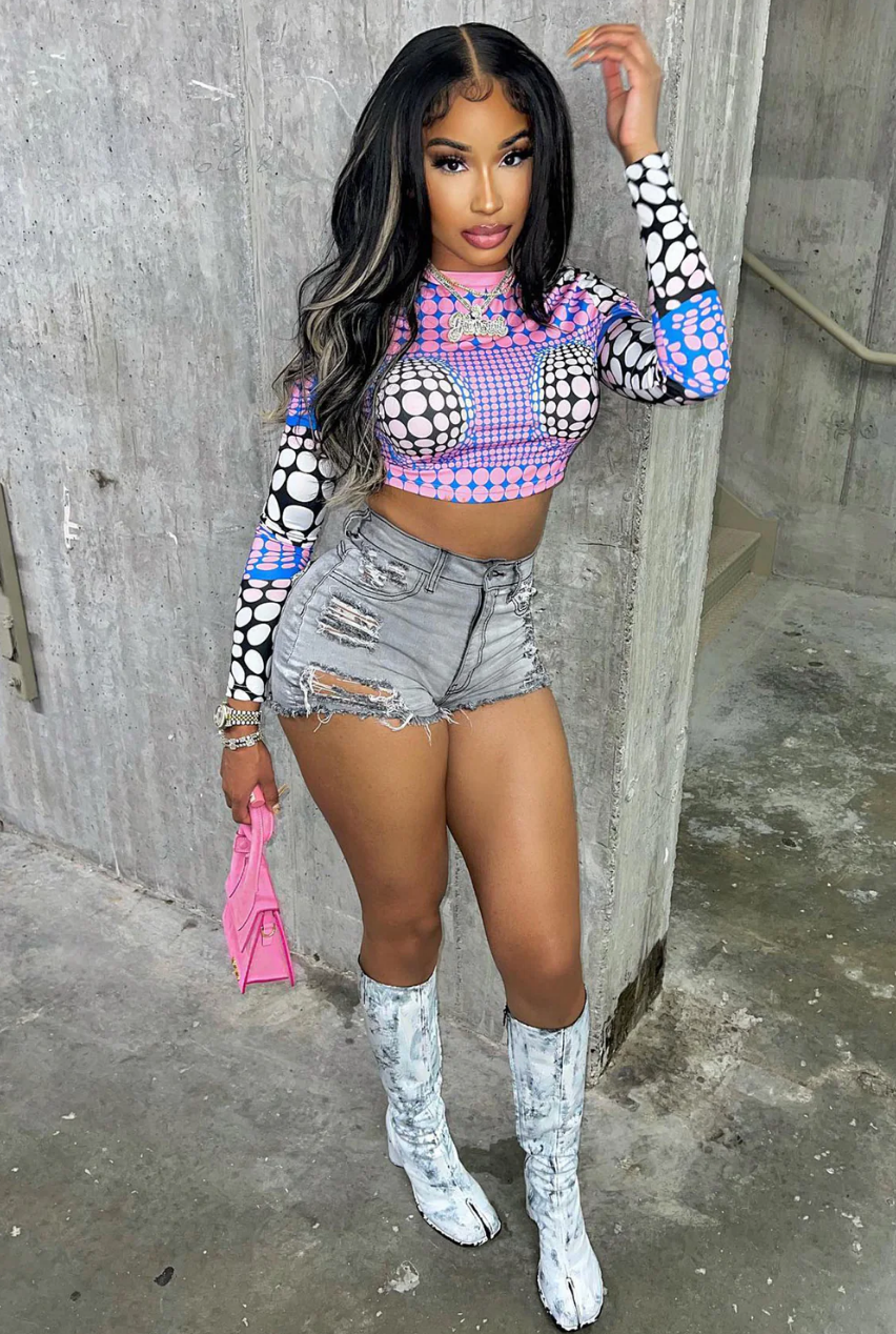 High-Waist Ripped Denim Shorts in Light Gray