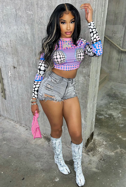 High-Waist Ripped Denim Shorts in Light Gray